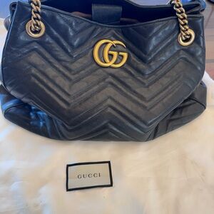 Authentic Gucci Black Chevron Leather Shoulder Bag with Gold Accents